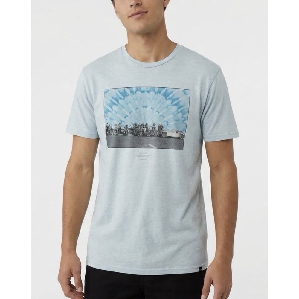 O'Neill Vintage Vibe Mens Large Graphic Tee Faded Blue Surf Car Motorcycle Scene